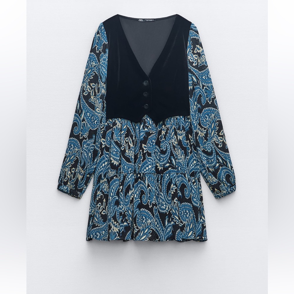 Zara Printed Dress with Velvet Vest